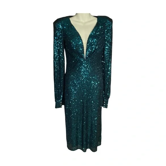 Mac Duggal 26866 Sequined Structured Bishop Sleeve Midi DressTeal Size 4 NWT - Picture 1 of 14